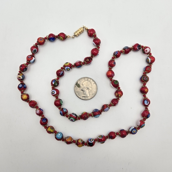 Red Millefiori Art Glass Necklace Italian Venetian Murano Italy 24" 8mm Vintage - Picture 3 of 4